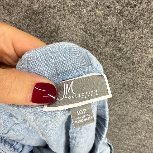 JM Collection Pants Women 10P Petite Blue High Rise Drawstring Linen Flat Front - Picture 6 of 8